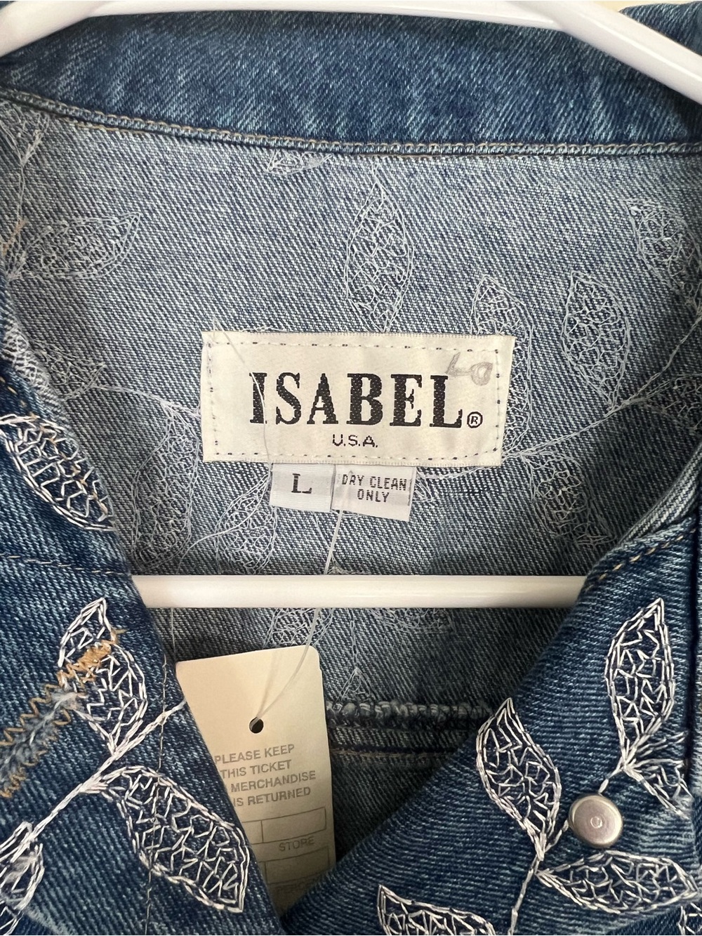 Isabel USA Embroidered Leaf Denim Vest Blue Jean Button Front Size Large - Picture 2 of 8